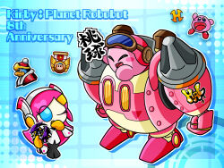  1girl anniversary blue_eyes blush_stickers colored_skin drawing_(object) goggles goggles_on_head highres king_dedede kirby kirby:_planet_robobot kirby_(series) mechanical_arms meta_knight nintendo one_eye_closed pink_hair pink_skin robobot_armor robot susie_(kirby) towara6316 