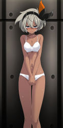 1girl absurdres against_wall bea_(pokemon) black_bow black_hairband blue_eyes bow bow_hairband bra breasts cleavage closed_mouth collarbone covering_crotch covering_privates creatures_(company) crying crying_with_eyes_open dark-skinned_female dark_skin frown game_freak hair_between_eyes hair_bow hairband highres looking_at_viewer medium_hair navel nintendo panties pokemon pokemon_swsh silver_hair small_breasts solo standing tears thigh_gap tsukishiro_saika underwear underwear_only v-shaped_eyebrows white_bra white_panties rating:Sensitive score:38 user:danbooru