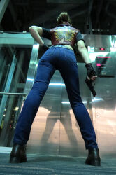  agentsheenah ass ass_focus brown_hair claire_redfield claire_redfield_(cosplay) cosplay crop_top denim elevator from_below gun head_out_of_frame highres jeans pants resident_evil resident_evil_-_code:_veronica short_sleeves weapon 