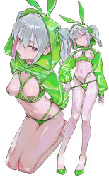  absurdres animal_ears arms_behind_back bikini blush breast_cutout breastless_clothes breasts closed_mouth colored_inner_hair commission crop_top cropped_hoodie drill_hair fake_animal_ears framed_breasts full_body green_bikini green_eyes green_hoodie hair_through_hood heart_pasties heterochromia highres hood hoodie kneeling long_sleeves looking_at_viewer medium_breasts meme_attire multi-strapped_bikini_bottom multicolored_hair multiple_views navel o-ring o-ring_top original parted_lips pasties pink_eyes pink_hair rabbit_ears saaal653 short_hair short_twintails standing stomach strap_pull swimsuit twintails two-tone_hair white_hair 