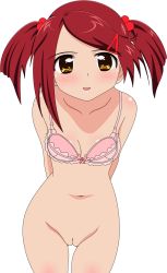  1girl absurdres black_background blush bottomless bra highres kissxsis looking_at_viewer navel open_mouth pink_bra pussy red_hair solo standing suminoe_ako thighs tongue twintails uncensored underwear  rating:Explicit score:52 user:mapofsteel