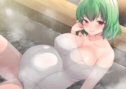  1girl absurdres arm_at_side armpit_crease bathing big_belly blush breasts closed_mouth collarbone commentary commission commissioner_upload deyuyama english_commentary green_hair hair_between_eyes hand_on_own_cheek hand_on_own_face highres kazami_yuuka large_breasts looking_at_viewer naked_towel onsen partially_submerged pregnant red_eyes short_hair skeb_commission smile solo steam thighs touhou towel water wet white_towel  rating:Sensitive score:17 user:danbooru
