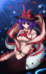  1girl ascot black_headwear black_skirt bow breasts bubble closed_mouth collared_shirt colored_eyelashes commentary english_commentary fish frilled_shawl frills hat hat_bow highres large_breasts long_sleeves nagae_iku nagae_iku_(fish) own_hands_together purple_hair red_ascot red_bow red_eyes shawl shirt short_hair skirt statisticstater touhou underwater white_shirt 