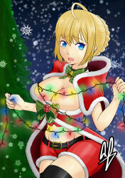  1girl absurdres artoria_pendragon_(all) artoria_pendragon_(fate) boots breasts breasts_squeezed_together christmas christmas_lights christmas_tree cleavage dress fate/grand_order fate/stay_night fate_(series) highres large_breasts maskodd saber_(fate) santa_boots santa_costume santa_dress snow solo thick_thighs thighs tree 