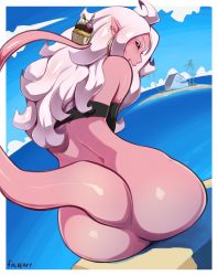  1girl android_21 ass colored_skin dragon_ball dragon_ball_fighterz earrings falkeart food from_behind grin highres jewelry long_hair looking_back majin_android_21 nude pink_hair pink_skin pointy_ears red_eyes smile solo sweets tail water  rating:Questionable score:83 user:FabricioDias
