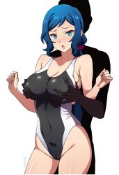 1boy 1girl batta_16-sei blue_hair blush breasts cameltoe cleft_of_venus competition_swimsuit covered_navel faceless faceless_male grabbing grabbing_another&#039;s_breast gundam gundam_build_fighters hair_ornament hair_scrunchie highleg highres iori_rinko large_breasts nipple_stimulation nipple_tweak one-piece_swimsuit scrunchie shadow swimsuit wedgie rating:Questionable score:42 user:danbooru