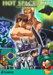  1girl 6+boys :o amuro_ray anavel_gato black_hair blonde_hair brown_hair char&#039;s_counterattack char_aznable character_request cheek_pinching clenched_hand company_name copyright_name duckpasta f91_gundam gloves green_hair gundam gundam_0083 gundam_f91 haro highres hug legend_of_the_blue_wolves logo mecha military_uniform multiple_boys parody pinching planet quess_paraya red_gloves robot short_twintails sideburns spacecraft sunrise_(company) topless_male twintails uniform white_gloves yaoi zeta_gundam 