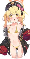  1girl absurdres armband bikini black_horns black_tail blonde_hair blue_archive blush bow collarbone demon_horns flat_chest gold_bikini halo hat highres horns ibuki_(blue_archive) loli long_hair long_sleeves looking_at_viewer military_uniform okura-chan_(at_nya5) open_mouth peaked_cap pink_bow pointy_ears red_armband sleeves_past_fingers sleeves_past_wrists socks solo swimsuit tail uniform white_socks yellow_eyes yellow_halo  rating:Sensitive score:44 user:danbooru