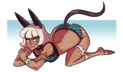  1girl animal_ears ass bell blue_eyes cat_ears cat_tail collar looking_at_viewer ms._fortune_(skullgirls) panties scar skullgirls solo tail underwear  rating:Questionable score:22 user:ecchi-lover