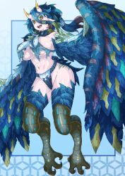  1girl absurdres bare_shoulders bird_legs blue_background blue_feathers blue_fundoshi blue_scarf blue_wings breasts commentary_request digitigrade feathers fundoshi green_hair hair_between_eyes hair_tubes highres hkdd99 horns japanese_clothes large_breasts long_hair midriff multicolored_hair multicolored_wings navel open_mouth original pointy_ears scarf solo talons teeth upper_teeth_only winged_arms wings yellow_eyes  rating:Sensitive score:5 user:danbooru