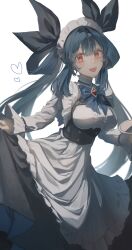  1girl apron black_ribbon blue_hair blue_ribbon breasts clothes_lift dizzy_(guilty_gear) dress frilled_apron frilled_dress frills guilty_gear hair_between_eyes hair_ribbon hair_rings highres holding holding_plate large_breasts long_hair long_sleeves looking_at_viewer maid maid_apron maid_day maid_headdress oeillet_vie open_mouth plate puffy_long_sleeves puffy_sleeves red_eyes ribbon sidelocks simple_background skirt skirt_lift smile solo twintails white_background 