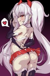  1girl :p ass black_gloves blush bombergirl demon_girl demon_horns elbow_gloves gloves grim_aloe heart horns long_hair looking_at_viewer miniskirt naughty_face quiz_magic_academy red_eyes red_skirt skirt smile solo spoken_heart thighhighs thong tongue tongue_out twintails wanyuudou_(fwen5284)  rating:Questionable score:52 user:danbooru