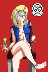  1girl android android_18 anklet bandaged_head bandages barefoot blonde_hair blue_eyes bracelet breasts chair cleavage convenient_censoring crossed_legs dragon_ball dragonball_z earrings feet jewelry no_bra one_eye_covered puyasawyer red_background short_hair simple_background sitting smile toenails toes watermark 