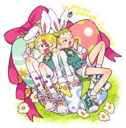  2boys :d :o aged_down animal_ears artist_name blonde_hair blue_bow blush bow child commentary_request curly_eyebrows easter easter_egg egg flower grass green_footwear green_hair green_necktie hair_bow hair_over_one_eye happy_easter highres holding holding_egg knee_blush kneehighs lapels long_sleeves looking_down looking_to_the_side male_focus mitsubachi_koucha multiple_boys necktie nose_blush one_eye_closed one_piece open_mouth orange_bow orange_flower orange_necktie pink_bow polka_dot purple_bow rabbit_boy rabbit_ears rabbit_tail ribbon roronoa_zoro sanji_(one_piece) shawl_lapels shoes short_hair shorts simple_background sitting smile sneakers socks striped_clothes tail tailcoat v-shaped_eyebrows white_background white_shorts white_socks yawning 