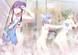  3girls ass blue_eyes blue_hair breasts censored closed_eyes green_hair heart heart_censor large_breasts multiple_girls censored_nipples nude open_mouth purple_eyes purple_hair shower small_breasts smile standing steam washing washing_back water wet  rating:Questionable score:2 user:EmikoKouji