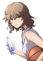  1girl absurdres ball basketball basketball_(object) bottle breasts brown_eyes brown_hair closed_mouth commentary drink from_side hair_between_eyes hanamonogatari highres holding holding_ball holding_bottle holding_drink holding_water jersey leaning_forward light_brown_hair looking_at_viewer looking_to_the_side messy_hair monogatari_(series) nishizuki_shino numachi_rouka shirt short_hair simple_background sleeveless sleeveless_shirt small_breasts solo sportswear sweat upper_body very_sweaty water_bottle wavy_hair white_background white_shirt 