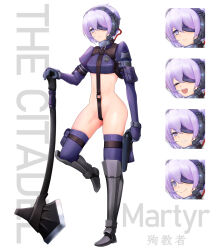  arm_pouch armor axe bottomless bracelet character_profile collar crop_top crotch_strap english_text expressions eyepatch gloves greaves grey_collar gun handgun headset highres holding holding_gun holding_weapon holster jewelry juliet_sleeves kasaiji long_sleeves martyr_(the_citadel) metal_collar navel one_eye_covered planted planted_axe pouch puffy_sleeves purple_eyes purple_gloves purple_hair purple_thighhighs revealing_clothes shoulder_holster standing standing_on_one_leg strap the_citadel thigh_pouch thigh_strap thighhighs weapon white_background 