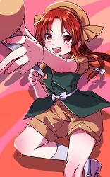  1girl :d ahodemoaru bow buttons feet_out_of_frame fingernails green_vest hair_bow hat hat_ribbon highres kneehighs multicolored_background open_mouth orange_(touhou) orange_background parted_bangs pink_background puffy_short_sleeves puffy_sleeves red_eyes red_hair ribbon sash shirt short_sleeves shorts simple_background smile socks solo teeth touhou touhou_(pc-98) twirl_baton upper_teeth_only vest white_bow white_footwear white_sash white_socks yellow_hat yellow_ribbon yellow_shirt yellow_shorts 