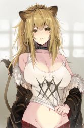 1girl animal_ear_fluff animal_ears arknights bare_shoulders black_choker black_jacket blonde_hair blush breasts brown_eyes choker cleavage collarbone commentary_request denken fur-trimmed_sleeves fur_trim gradient_background grey_background groin hair_between_eyes highres jacket large_breasts lion_ears lion_tail long_hair long_sleeves looking_at_viewer midriff navel off_shoulder open_clothes open_jacket out-of-frame_censoring parted_lips partial_commentary sidelocks siege_(arknights) solo stomach strap_slip tail tank_top upper_body white_tank_top rating:Questionable score:24 user:danbooru
