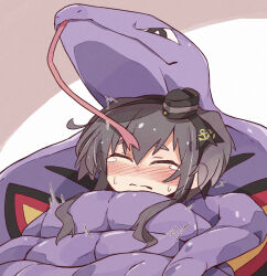  1girl anchor_symbol arbok black_eyes black_hair blush closed_eyes commission constriction creatures_(company) crossover forked_tongue game_freak gen_1_pokemon grey_hair hat highres kantai_collection mini_hat minoru_minoru multicolored_hair nintendo nose_blush pokemon pokemon_(creature) short_hair_with_long_locks simple_background skeb_commission solo sweat tears tokitsukaze_(kancolle) tongue two-tone_background upper_body 