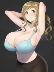 1girl absurdres armpits arms_behind_head blonde_hair blue_bra blush bra breasts brown_pantyhose cleavage commentary_request fang green_eyes grey_background highres huge_breasts inuyama_aoi lingerie long_hair looking_at_viewer midriff navel panties panties_under_pantyhose pantyhose ponytail sideboob sidelocks simple_background skin_fang smile solo steaming_body sweat swept_bangs tedain thick_eyebrows underwear upper_body wavy_hair yurucamp rating:Questionable score:116 user:danbooru