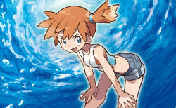  1girl bent_over blue_eyes blue_shorts breasts creatures_(company) crop_top feet_out_of_frame full_body game_freak gym_leader hair_tie hands_on_own_knees happy legs_apart looking_to_the_side midriff misty_(pokemon) mizutani_megumi nintendo official_art open_mouth orange_hair outline pokemon pokemon_lgpe pokemon_tcg red_footwear shirt shoes short_hair short_shorts shorts side_ponytail sleeveless sleeveless_shirt small_breasts smile solo standing third-party_source white_outline white_shirt  rating:Sensitive score:12 user:danbooru