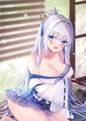  1girl blue_ribbon blue_tassel blurry blurry_background blush breasts cleavage collarbone commission crescent crescent_hair_ornament cup eyelashes grey_hair hair_ornament hair_stick highres japanese_clothes kimono lace_trim large_breasts long_hair off_shoulder open_mouth original pixiv_commission ribbon sakazuki sakurai_momoka_no_musuko solo star_(symbol) star_hair_ornament sweat tassel tassel_hair_ornament thighs white_kimono 