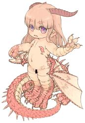  1girl commentary_request dragon_girl dragon_horns dragon_tail dragon_wings feral_lemma flat_chest highres horns loli long_hair monster_girl nude original pink_hair pointy_ears purple_eyes solo tail toddlercon wings 