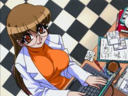  00s 1girl animated animated_gif blouse book bouncing bouncing_breasts breast_slap breasts brown_hair checkered_floor clipboard coat coffee computer cup desk disk female_focus flailing floor from_above glasses happy impossible_clothes impossible_shirt indoors keyboard keyboard_(computer) kuribayashi_yayoi lab_coat laptop large_breasts long_hair long_sleeves looking_at_viewer looping_animation mouse_(anime) open_mouth orange_eyes orange_shirt pen shirt sitting slapping solo third-party_edit white_coat 