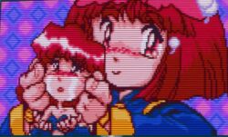  2girls bullying cheek_pinching cheek_pull cotton_(character) cotton_(game) fairy looking_at_viewer multiple_girls pinching pixel_art red_hair silk_(cotton) size_difference tears witch  rating:General score:4 user:Trorionz