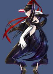  1girl ass backless_outfit bare_back bayonetta bayonetta_(series) bayonetta_1 black_hair blue_eyes bodysuit breasts cameltoe chain covered_erect_nipples double_bird elbow_gloves female_focus from_below glasses gloves gun hair_bun hand_on_own_ass high_heels kneeling large_breasts long_hair looking_back mole mole_under_mouth profile red_ribbon ribbon shoes sideboob simple_background single_hair_bun solo squatting very_long_hair weapon 