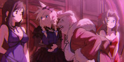  2boys 2girls aerith_gainsborough averting_eyes black_hair blonde_hair bow braid breasts brown_hair cleavage cloud_strife coat commentary_request crescent crescent_earrings crossdressing don_corneo dress earrings facial_hair fat fat_man final_fantasy final_fantasy_vii final_fantasy_vii_remake flower fur-trimmed_coat fur_trim green_eyes hair_bow hair_flower hair_ornament head_tattoo highres jewelry juliet_sleeves large_breasts long_hair long_sleeves medium_breasts medium_hair multiple_boys multiple_girls mustache nanpou_(nanpou0021) neck_ribbon necklace official_alternate_costume puffy_short_sleeves puffy_sleeves purple_dress red_coat red_eyes ribbon short_hair short_sleeves signature skirt spiked_hair sweatdrop tattoo tifa_lockhart tifa_lockhart_(refined_dress) tongue tongue_out twin_braids wall_market 