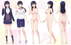  1girl arm_at_side arms_up ass barefoot black_hair black_socks blazer blue_jacket blue_shorts blue_skirt blush boku_no_kokoro_no_yabai_yatsu breasts brown_eyes cardigan closed_mouth collared_shirt commentary_request completely_nude dress_shirt feet full_body grey_cardigan grey_footwear gym_shirt gym_shorts gym_uniform hair_over_shoulder hand_up heel_up highres jacket kneehighs large_breasts long_hair looking_ahead looking_at_viewer low_ponytail mole mole_on_neck multiple_moles multiple_views nanikairu navel no_nipples no_pussy nude open_clothes open_jacket open_mouth paid_reward_available pleated_skirt profile school_uniform shirt shoes shorts skirt smile sneakers socks soles standing stomach teeth toes turnaround upper_teeth_only waving white_footwear white_shirt yamada_anna  rating:Questionable score:116 user:danbooru