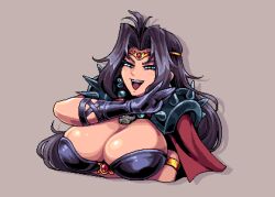  1girl armlet armor black_gloves black_hair blue_eyes breasts cape circlet cleavage commentary dih_pixels english_commentary gloves hair_intakes huge_breasts jewelry long_hair naga_the_serpent necklace ojou-sama_pose open_mouth pauldrons pixel_art shoulder_armor shoulder_spikes simple_background skull_necklace slayers slayers_try smile solo spiked_pauldrons spikes upper_body 