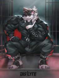  1boy absurdres animal_ears bara black_gloves black_hat black_jacket black_pants bulge chain claws commentary dislyte english_commentary fangs furry furry_male gloves hand_on_own_chin hat highres jacket jin_qiu_(ru_shou)_(dislyte) kusu_(x_kusunagi_x) looking_at_viewer male_focus muscular muscular_male paid_reward_available pants prison prison_cell shirt sitting sitting_on_stairs smile stairs sunglasses tiger_boy tiger_ears tiger_stripes white_shirt yellow_eyes 