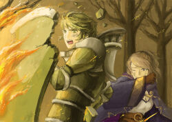  1boy 1girl angry armor bare_tree black_robe breasts broken_shield bruise bruise_on_face cleavage commentary_request fire fire_emblem fire_emblem_awakening furrowed_brow green_armor green_hair holding holding_shield injury koguchi_(shirakaba_honpo) looking_at_another looking_to_the_side nintendo one_eye_closed open_mouth protecting robe robin_(female)_(fire_emblem) robin_(fire_emblem) shield shirt stahl_(fire_emblem) tree white_shirt 