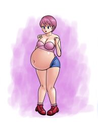 1girl arms_under_breasts belly_stuffing blue_eyes blue_shorts breasts female_focus full_body humanization inflation kirby kirby_(series) large_breasts nintendo pink_hair pink_skirt saf-404 shoes short_hair short_shorts shorts sideboob skirt solo_focus thick_thighs thighs white_background worried