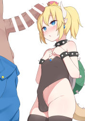 2boys :o arapi bad_id bad_pixiv_id bar_censor black_leotard black_thighhighs blonde_hair blue_eyes blush bowsette bracelet breasts bulge censored clothes_pull crown dark-skinned_male dark_skin earrings erection erection_under_clothes from_side hair_between_eyes half-closed_eyes hands_on_own_chest horns interracial jewelry large_penis leotard male_focus mario_(series) multiple_boys navel new_super_mario_bros._u_deluxe nintendo pale_skin pants pants_pull parted_bangs penis penis_awe penis_on_face penis_on_head personification pointy_ears ponytail shell shota simple_background small_breasts solo_focus spiked_bracelet spikes super_crown super_mario_bros._1 tail thighhighs trap veins veiny_penis white_background yaoi rating:Explicit score:250 user:Perv-Ultra