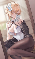  1girl bare_shoulders black_jacket blonde_hair brown_pantyhose cellphone commentary criss-cross_halter feet_out_of_frame flower genshin_impact hair_flower hair_intakes hair_ornament halterneck highres holding holding_phone jacket leotard long_hair long_sleeves looking_at_viewer lumine_(genshin_impact) off_shoulder pantyhose parted_lips phone seo_pport sitting smartphone solo thighs white_flower white_leotard yellow_eyes 
