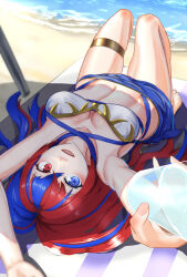  1girl absurdres alear_(female)_(fire_emblem) alear_(fire_emblem) barefoot beach blue_eyes blue_hair breasts crossed_bangs female_focus fingernails fire_emblem fire_emblem_engage heterochromia highres long_hair looking_at_viewer lying matching_hair/eyes medium_breasts multicolored_hair nintendo ocean on_back open_mouth outdoors red_eyes red_hair solo split-color_hair swimsuit two-tone_hair very_long_hair 