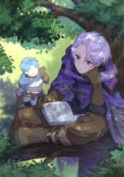  2boys alain_(unicorn_overlord) armor blue_hair book boots cloak gloves grey_hair highres holding holding_book in_tree male_focus multiple_boys open_mouth ouosoul purple_cloak reading short_hair sitting sitting_in_tree travis_(unicorn_overlord) tree unicorn_overlord 
