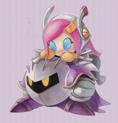  1boy 1girl armor blue_eyes cape gloves hands_on_another&#039;s_head kirby:_planet_robobot kirby_(series) mask meta_knight momoko_(nihontou) musical_note nintendo pauldrons pink_hair purple_background shoulder_armor simple_background susie_(kirby) sweat yellow_eyes yellow_gloves 