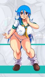  1girl blue_hair blush breasts cameltoe final_fuck fundoshi glasses japanese_clothes large_breasts loafers long_hair looking_at_viewer loose_socks milk_(nonki) nonki open_mouth plump red_eyes school_uniform serafuku shoes socks solo standing thick_thighs thighs wide_hips zoom_layer 
