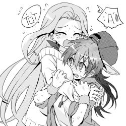2girls between_breasts blush breasts crying closed_eyes fluttershy greyscale hat hood hoodie huge_breasts jacket long_hair long_sleeves megarexetera monochrome multiple_girls my_little_pony my_little_pony:_friendship_is_magic open_mouth personification rainbow_dash rex_k shirt speech_bubble sweater tears white_background rating:Sensitive score:27 user:danbooru