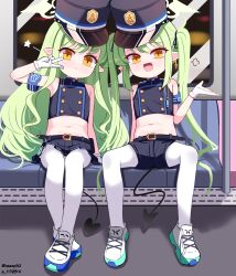  2girls :d belt black_belt black_hat black_shorts black_skirt blue_archive closed_mouth commentary_request earrings fang flat_chest gloves green_hair green_halo halo hat highres hikari_(blue_archive) jewelry loli long_hair multiple_girls navel nozomi_(blue_archive) open_mouth pantyhose shoes shorts siblings sidelocks sisters sitting skirt smile sneakers sseopik twintails v white_footwear white_gloves white_pantyhose yellow_eyes 