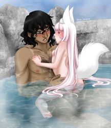  1boy 1girl age_difference animal_ears ass barefoot blood blood_in_water blush cowgirl_position defloration eye_contact eyelashes feet full_body hetero highres hime_takamura interspecies kitsune large_insertion legs loli long_hair looking_at_another moaning nude onsen open_mouth original outdoors partially_submerged profile pussy sex soles steam straddling tail testicles toes uncensored upright_straddle vaginal very_long_hair water  rating:Explicit score:33 user:HimeTakamura