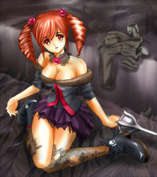 1girl amy_sorel bare_shoulders boots breasts choker cleavage detached_sleeves dress drill_hair fishnet_thighhighs fishnets flower fur gothic_lolita lace lolita_fashion rapier red_eyes red_hair rose short_twintails solo soul_calibur soulcalibur soulcalibur_iv sword taka_(pixiv33768) thighhighs torn_clothes twintails weapon rating:Sensitive score:26 user:salarta