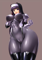 1girl black_hair bodysuit breasts cameltoe cleft_of_venus coif covered_erect_nipples curvy elbow_gloves female_focus from_below gloves habit hip_focus huge_breasts kamori_sayaka large_breasts latex nun open_mouth original pov rindou_(radical_dream) shiny_clothes simple_background skin_tight solo thick_thighs thighhighs thighs tight_clothes wide_hips rating:Questionable score:213 user:danbooru