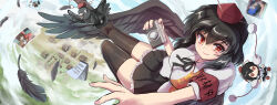 1girl armband bird bird_wings black_feathers black_hair black_ribbon black_skirt black_thighhighs black_wings breasts camera character_doll closed_mouth commentary_request crow feathered_wings feathers flying frilled_skirt frills fumo_(doll) hakurei_reimu hat highres holding holding_camera jitome large_breasts leaf_print looking_at_viewer medium_hair miniskirt namiki_(remiter00) neck_ribbon notepad photo_(object) pleated_skirt pom_pom_(clothes) puffy_short_sleeves puffy_sleeves red_eyes red_hat ribbon shameimaru_aya shameimaru_aya_(crow) shirt short_sleeves skirt smile solo thighhighs tokin_hat touhou white_shirt wings zettai_ryouiki