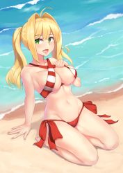  1girl :d ahoge arm_support bare_arms bare_legs bare_shoulders barefoot beach bikini blonde_hair blush breasts collarbone criss-cross_halter day fate/grand_order fate_(series) fingernails full_body green_eyes groin hair_between_eyes hair_intakes halterneck hand_on_own_chest hand_up highres large_breasts long_hair looking_at_viewer navel nero_claudius_(fate) nero_claudius_(fate)_(all) nero_claudius_(swimsuit_caster)_(fate) ocean open_mouth outdoors reclining red_bikini ryouya seiza side-tie_bikini_bottom sidelocks sitting smile solo stomach striped_bikini striped_clothes swimsuit twintails  rating:Sensitive score:10 user:danbooru